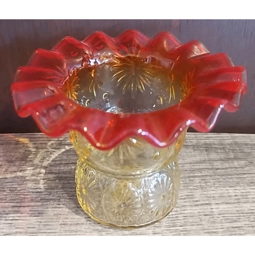 Vintage Fairy Lamp Base Only Ruffled Edging Glass Red Yellow Candleholder